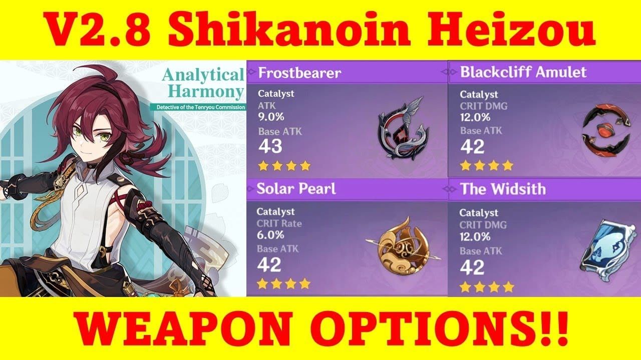 Collection of catalyst weapons suitable for Heizou including The Widsith, Solar Pearl, and other recommended options