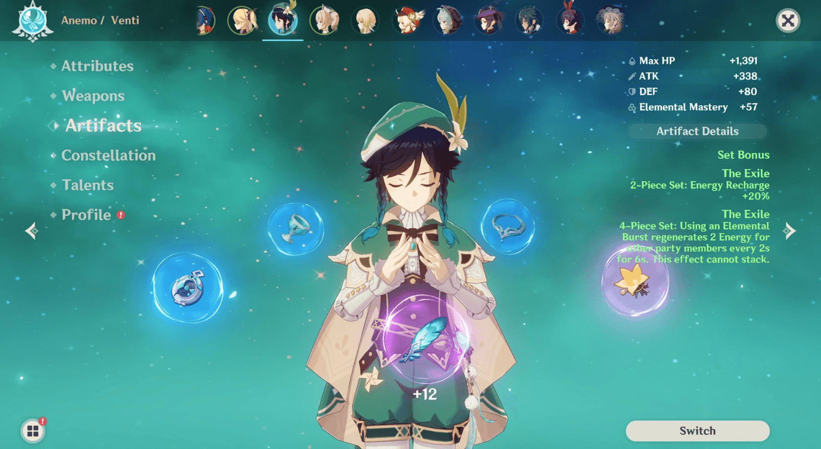 Exile artifact set showing 4-piece bonus effect for energy restoration