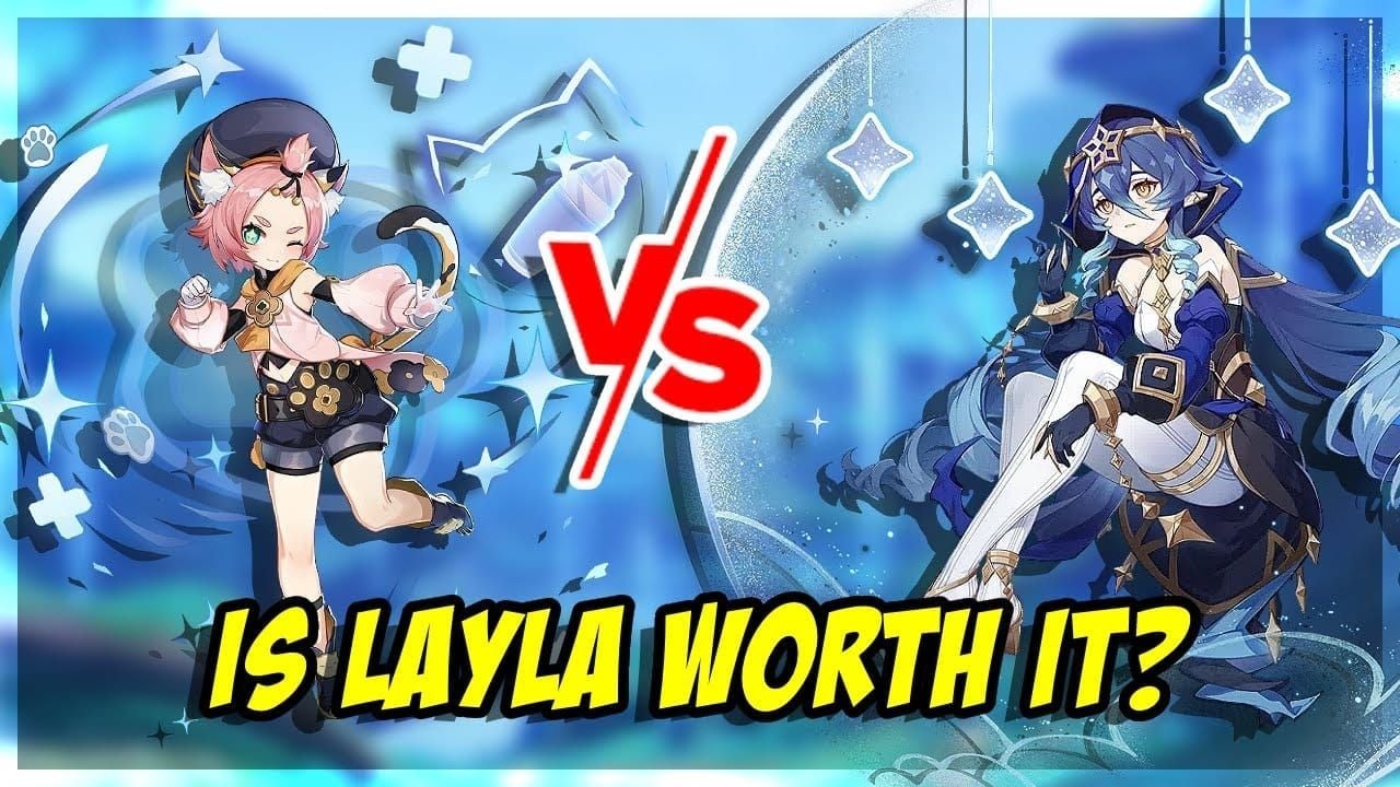 Comparison chart showing Layla vs Diona shield strength statistics in Genshin Impact