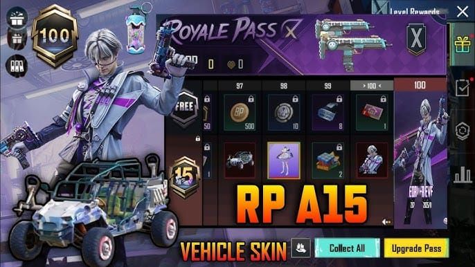 Collection of A15 Royale Pass weapon and vehicle skins including AKM, MP7, and UTV designs