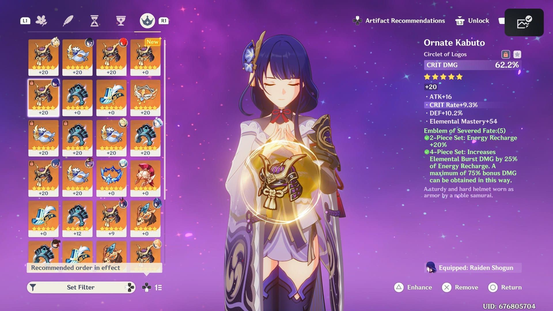Raiden Shogun character build with Emblem of Severed Fate artifact set