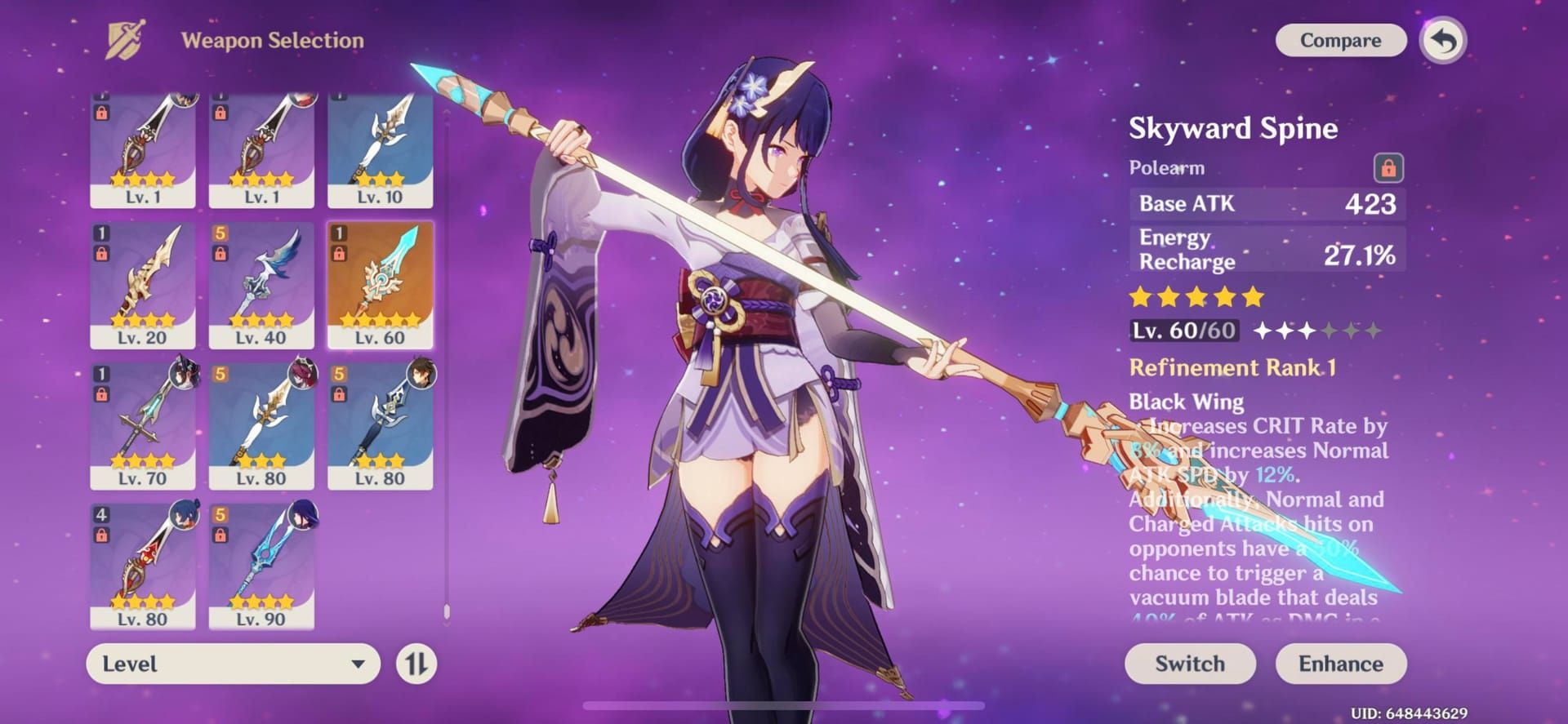 Recommended weapons for Raiden Shogun including Engulfing Lightning, Staff of Homa, and The Catch