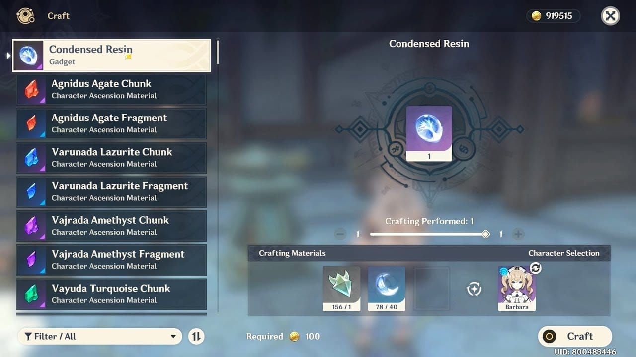 Condensed Resin crafting screen showing required materials: Original Resin, Crystal Core, and Mora