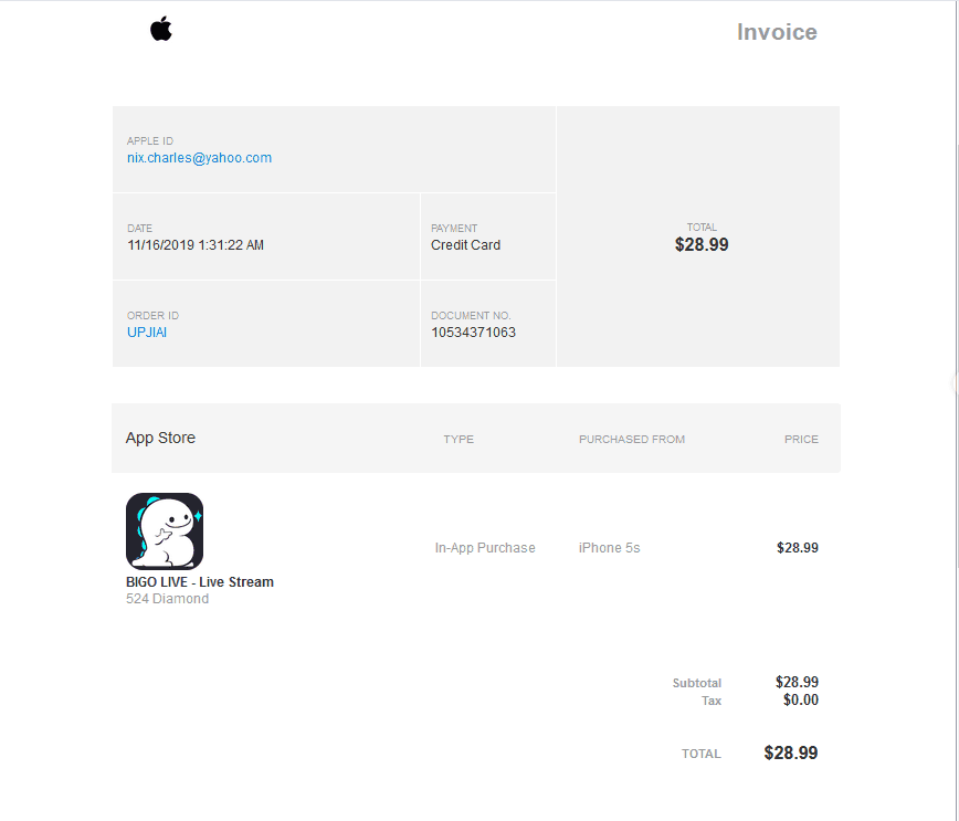 Apple App Store receipt example for BIGO Live diamond purchase with order details