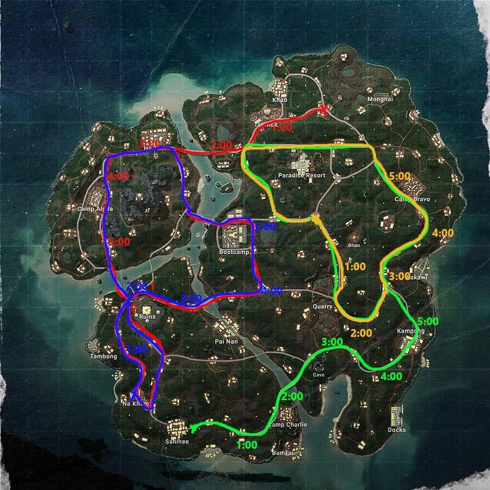 PUBG Mobile maps showing efficient mission completion routes for Erangel and Sanhok