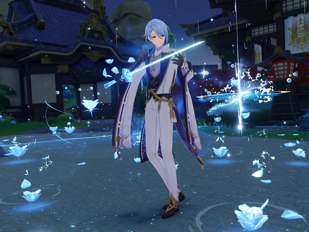 Ayato performing his Elemental Skill Shunsuiken attacks with blue hydro effects