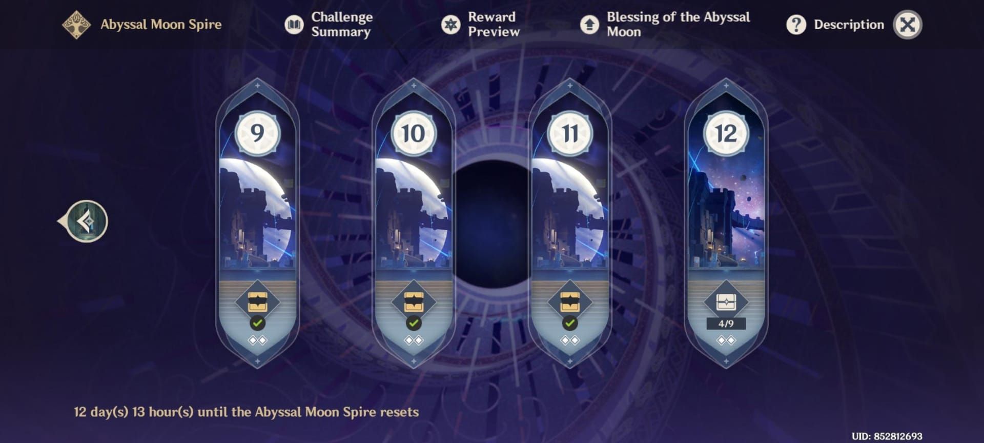 Genshin Impact Spiral Abyss Floor 12 interface showing enemy lineup and challenges