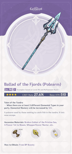 Genshin Impact Ballad of the Fjords polearm weapon displaying its design and statistics
