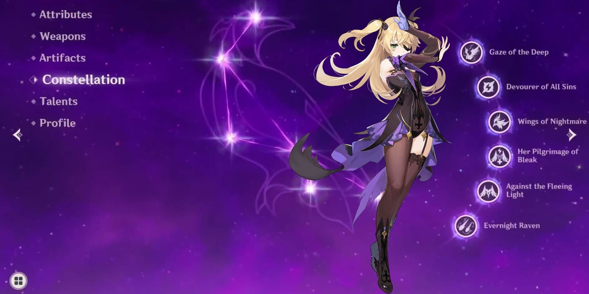 Fischl character showcase with constellation abilities