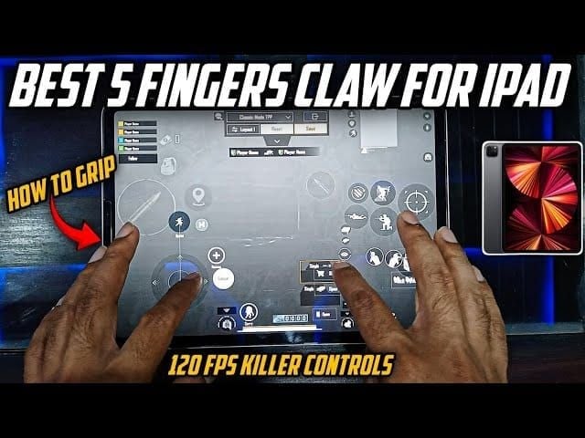 Demonstration of 4-finger claw grip technique for PUBG Mobile on iPad Pro with control layout highlighted