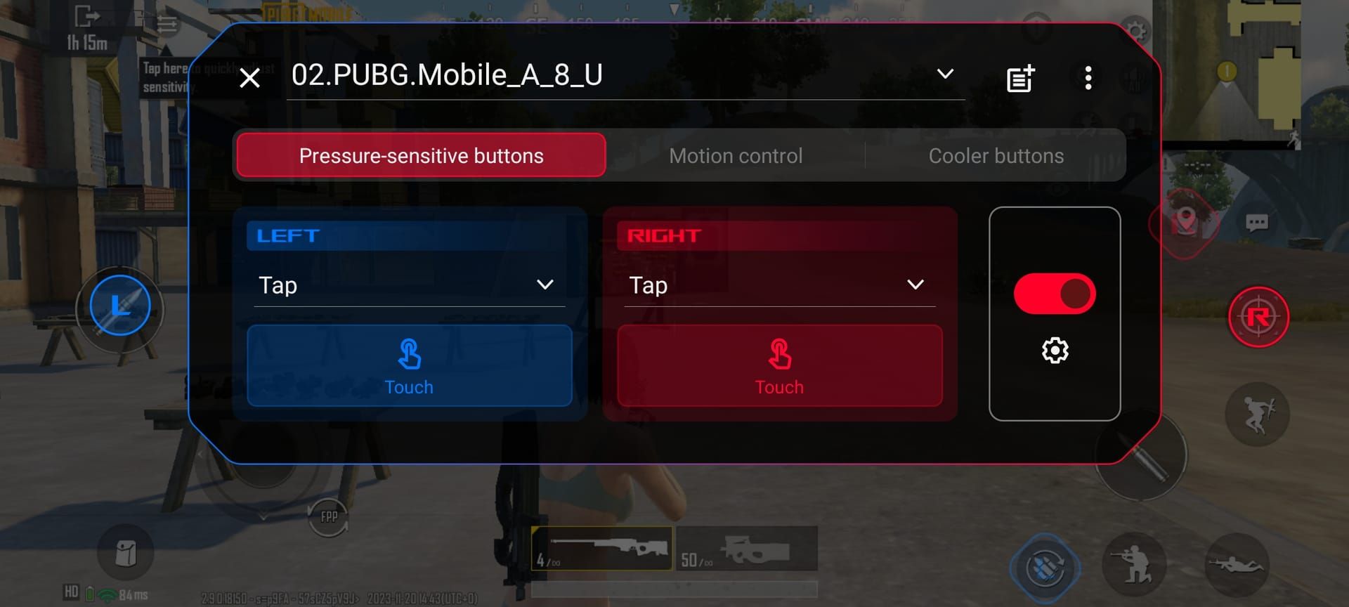 PUBG Mobile AirTriggers setup interface showing trigger button mapping for ADS and fire controls