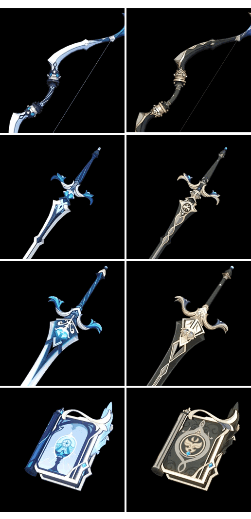 Sacrificial weapon series from Genshin Impact including sword, bow, and catalyst