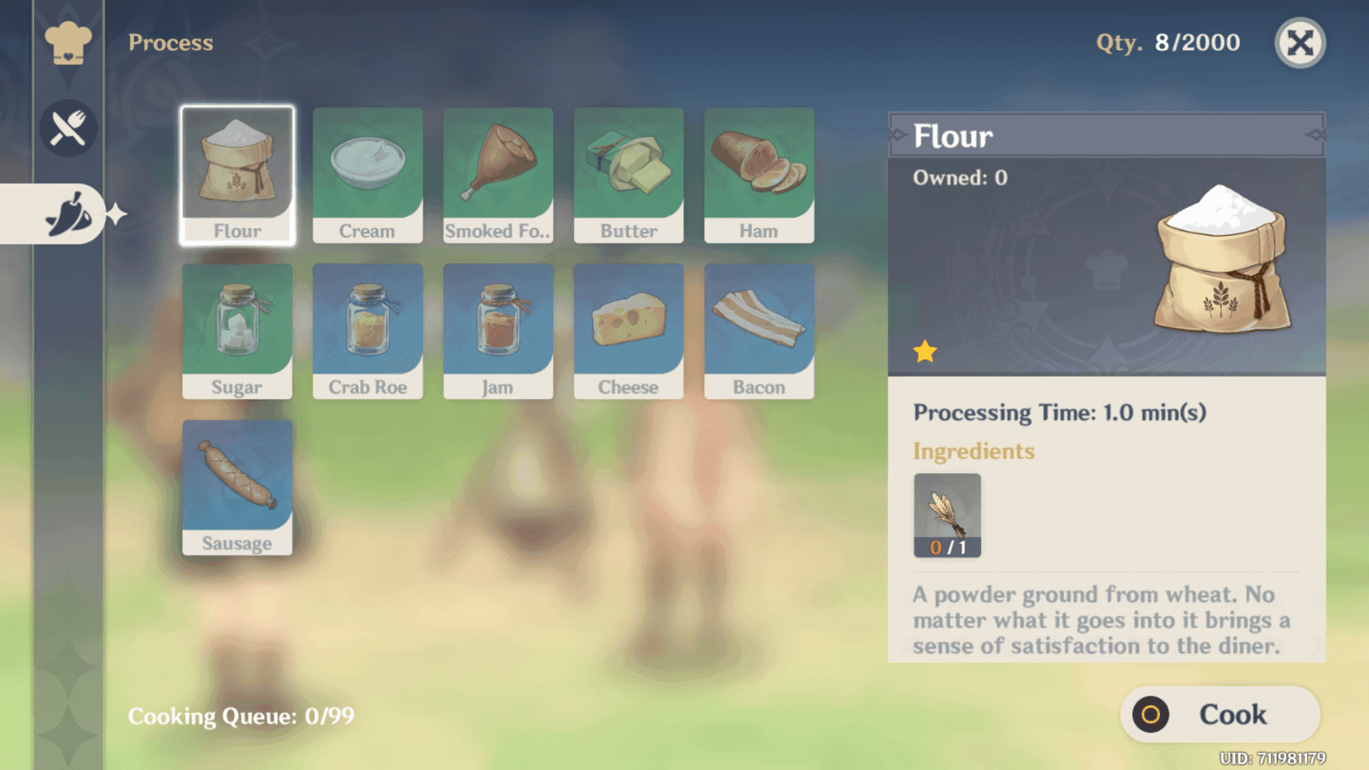 Genshin Impact cooking interface showing ingredient processing with timers and required materials