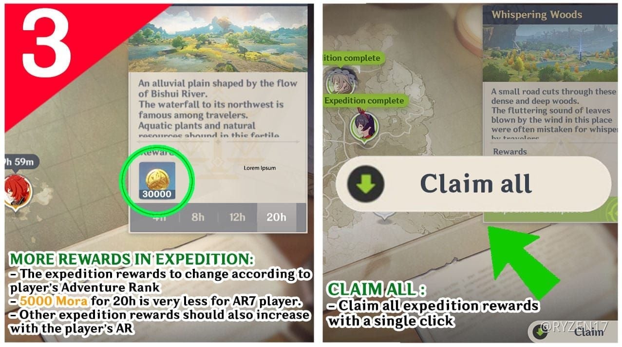 Expedition completion screen showing Mora rewards