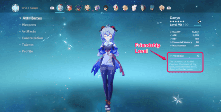 Genshin Impact friendship level progression interface showing EXP requirements