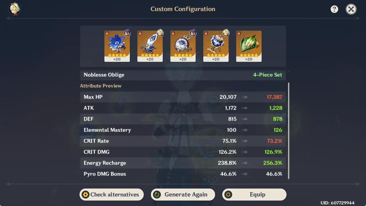 Optimized Noblesse Oblige artifact pieces showing recommended main stats and substats