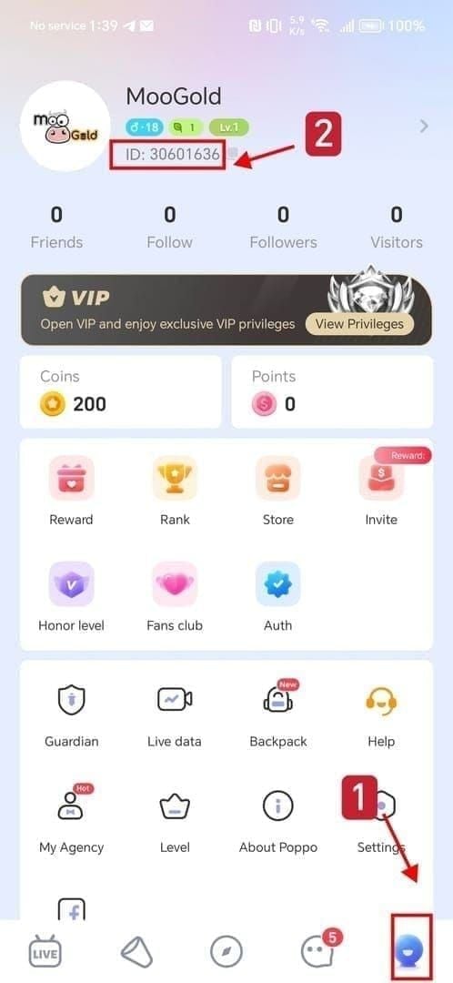 Poppo Live app wallet showing refreshed coin balance after top-up