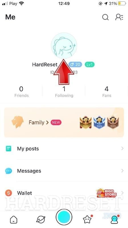 BIGO Live app screenshot from FAQ demonstrating ID location in profile