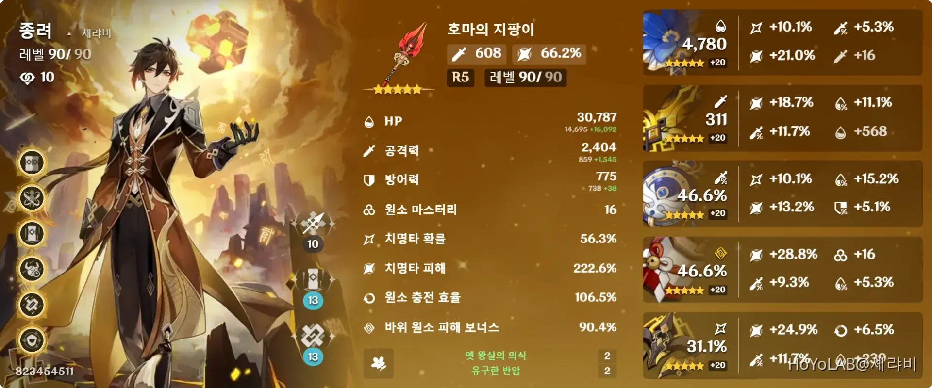원신 라우마 스탯 화면 - 원소 충전 효율 및 원소 마스터리