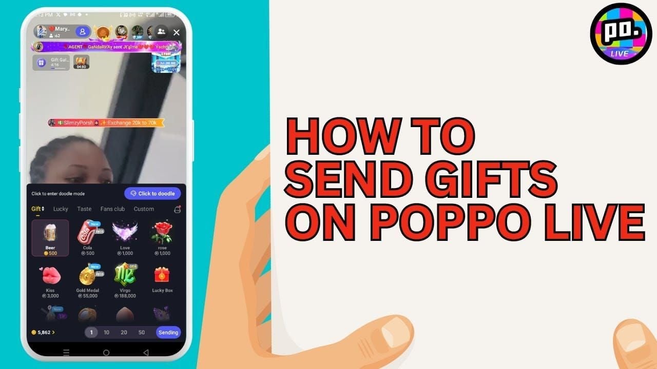 Poppo Live in-app gift selection interface with roses and animation options