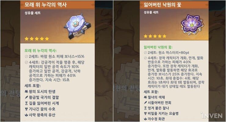 원신 잃어버린 낙원의 꽃 4세트 성유물 이미지