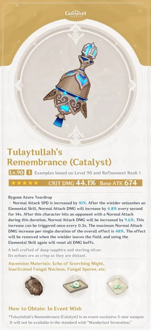 In-game view of Tulaytullah's Remembrance catalyst in Genshin Impact