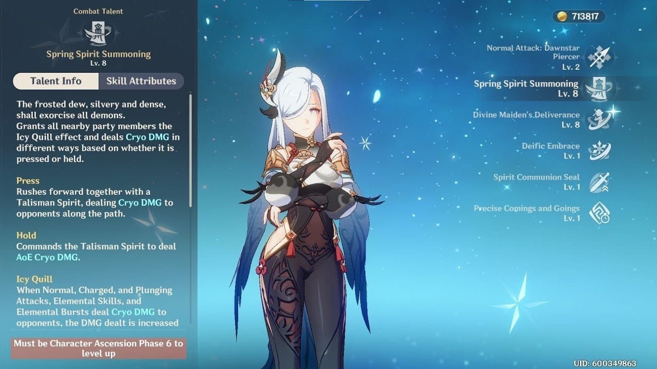 Genshin Impact screenshot of Shenhe using her Elemental Skill (Press and Hold versions)