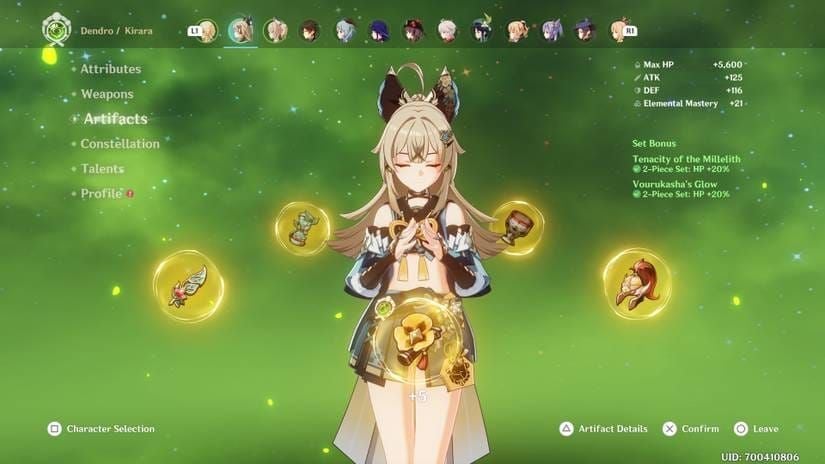 Kirara equipped with HP-focused artifact sets in Genshin Impact