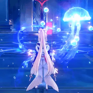 Kokomi casting Jellyfish with Ocean-Hued Clam in Genshin Impact