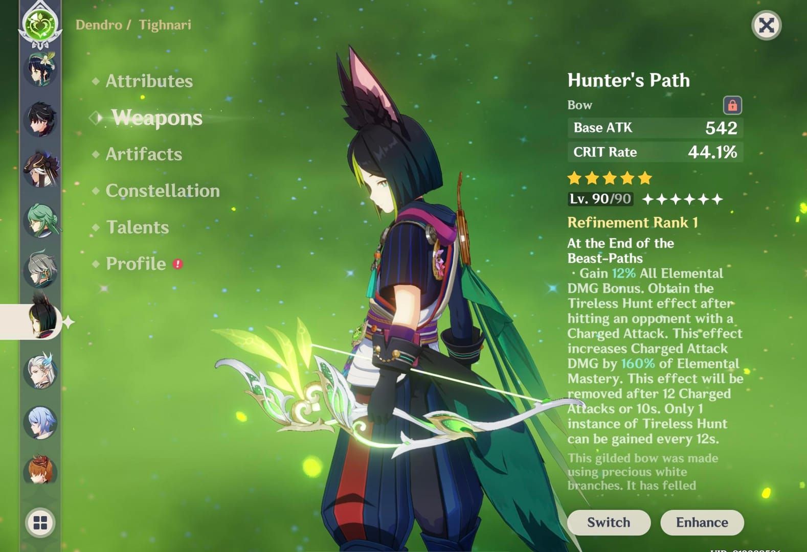 Tighnari equipped with Hunter's Path in Genshin Impact