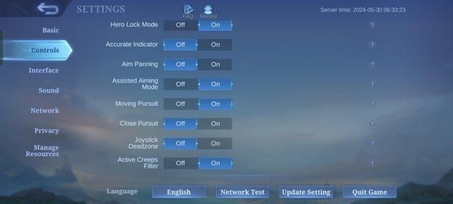 Screenshot of aim assist settings in Mobile Legends Controls menu