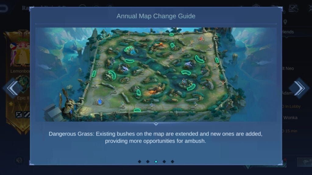 Screenshot of Dangerous Grass map in Mobile Legends showing bushy ambush spots