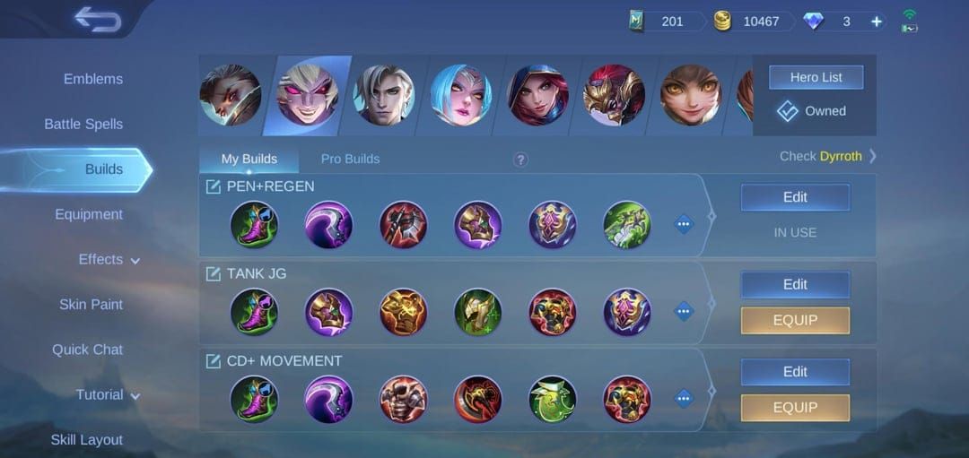 Dyrroth's recommended item build in Mobile Legends