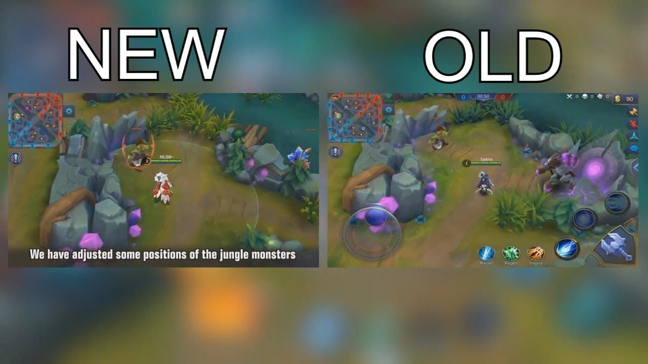 Comparison of old and new Mobile Legends jungle maps showing terrain changes