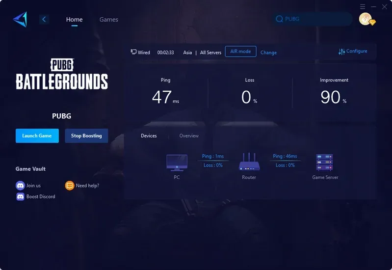 Samsung Game Booster interface for PUBG Mobile on Galaxy S24/S23