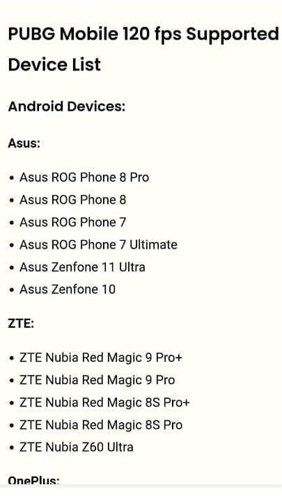 PUBG Mobile interface showing supported devices for 120 FPS