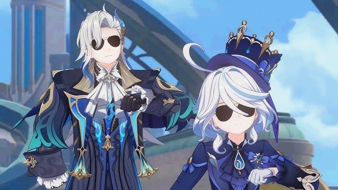 Furina and Neuvillette characters from Genshin Impact standing side by side