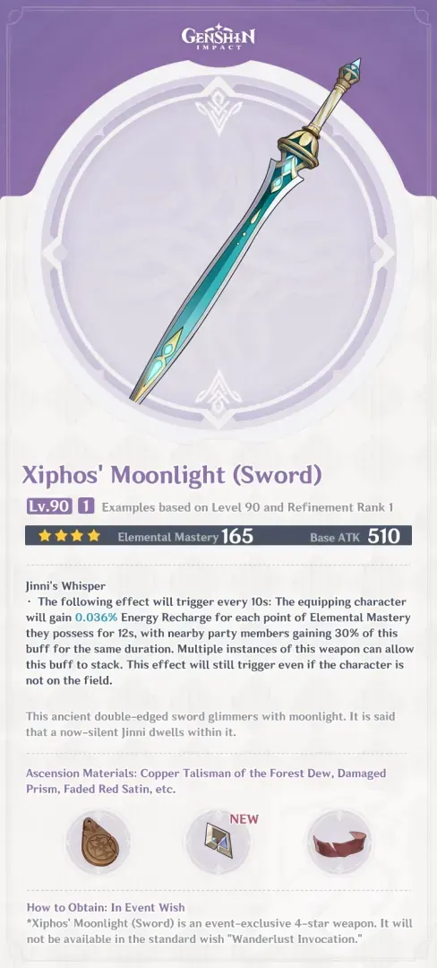Weapon interface for Xiphos' Moonlight in Genshin Impact