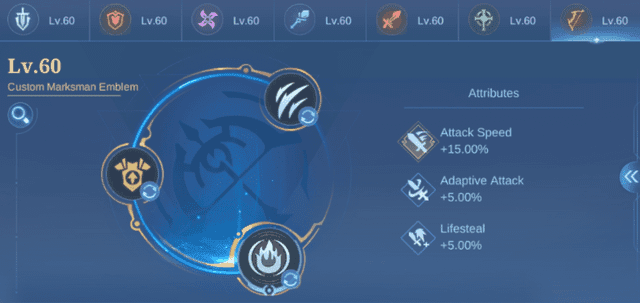 Mobile Legends Marksman emblem interface with talent tree