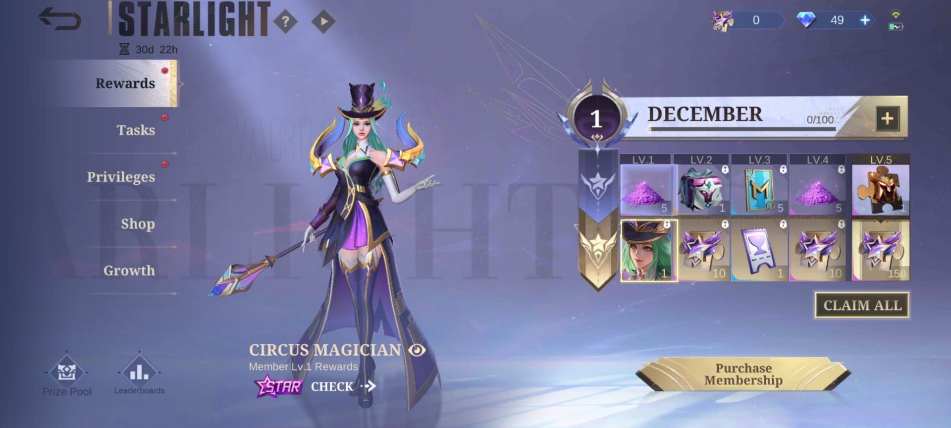Mobile Legends Starlight Membership interface displaying tiers and perks