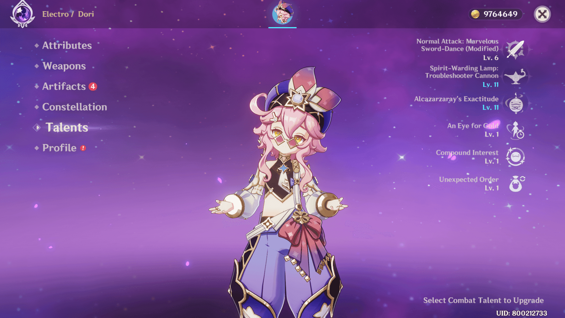 Screenshot of Dori casting her Elemental Skill in Genshin Impact, generating Electro particles