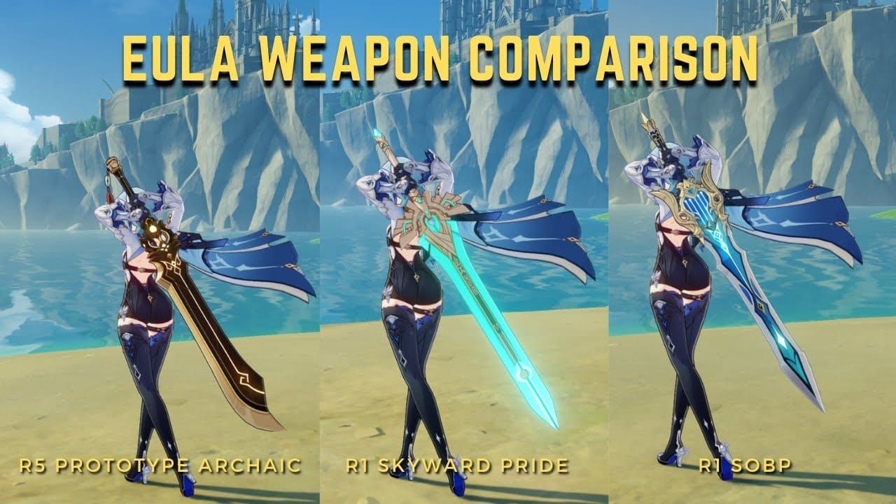 Skyward Pride weapon on Eula in Genshin Impact, emphasizing ER substat