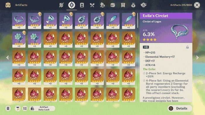 In-game interface of artifact sets for Genshin Impact builds
