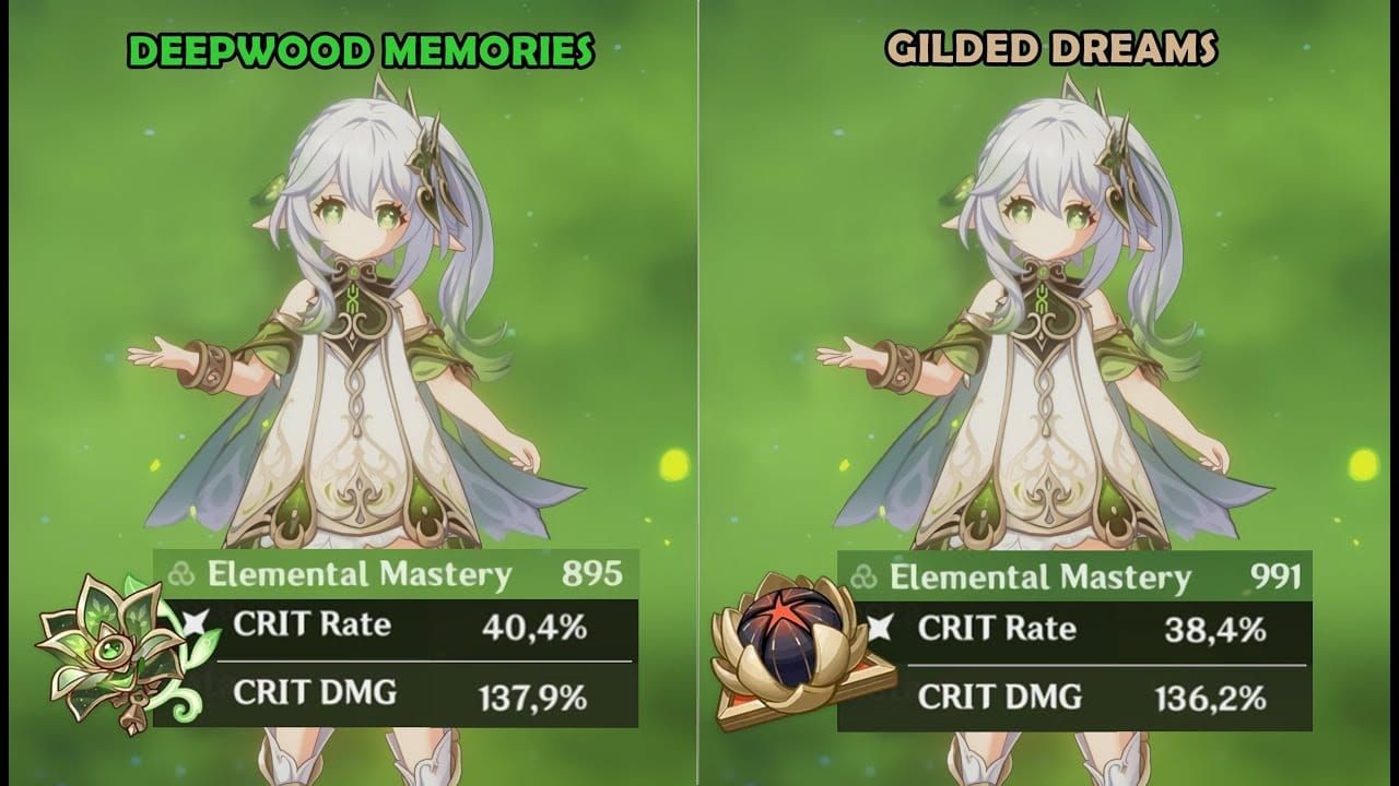 Comparison of Deepwood Memories and Gilded Dreams on Nahida in Genshin Impact