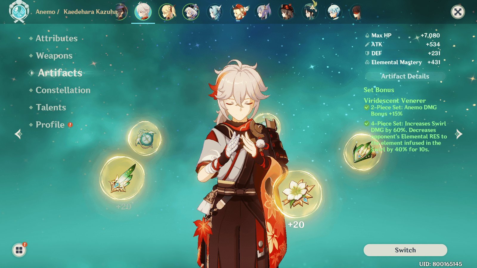 Genshin Impact Kazuha's Elemental Mastery artifact build for Double Swirl