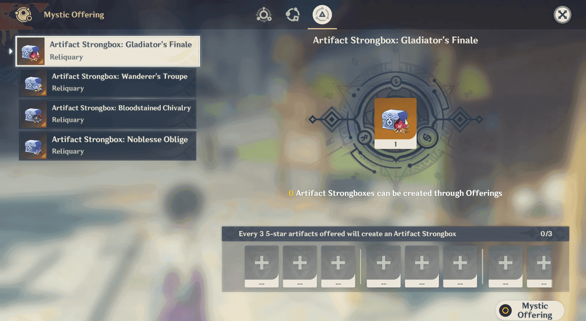 Screenshot of Artifact Strongbox crafting interface for Emblem in Genshin Impact