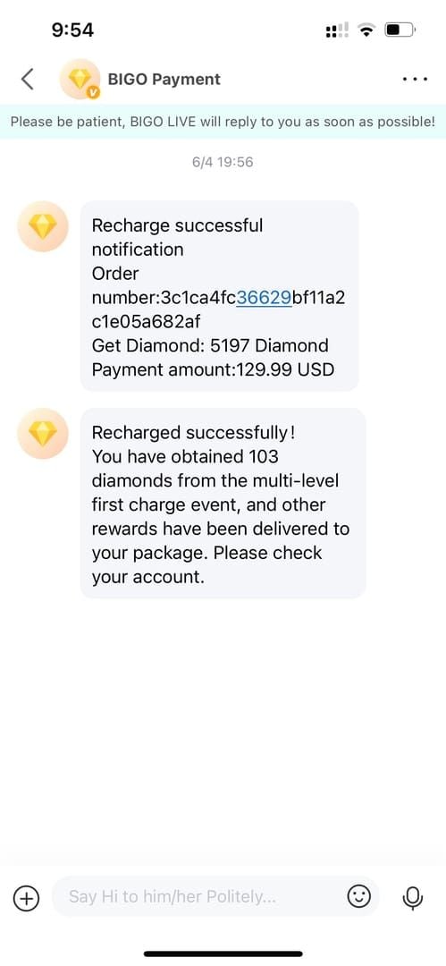 Example screenshot of successful BIGO LIVE refund resolution
