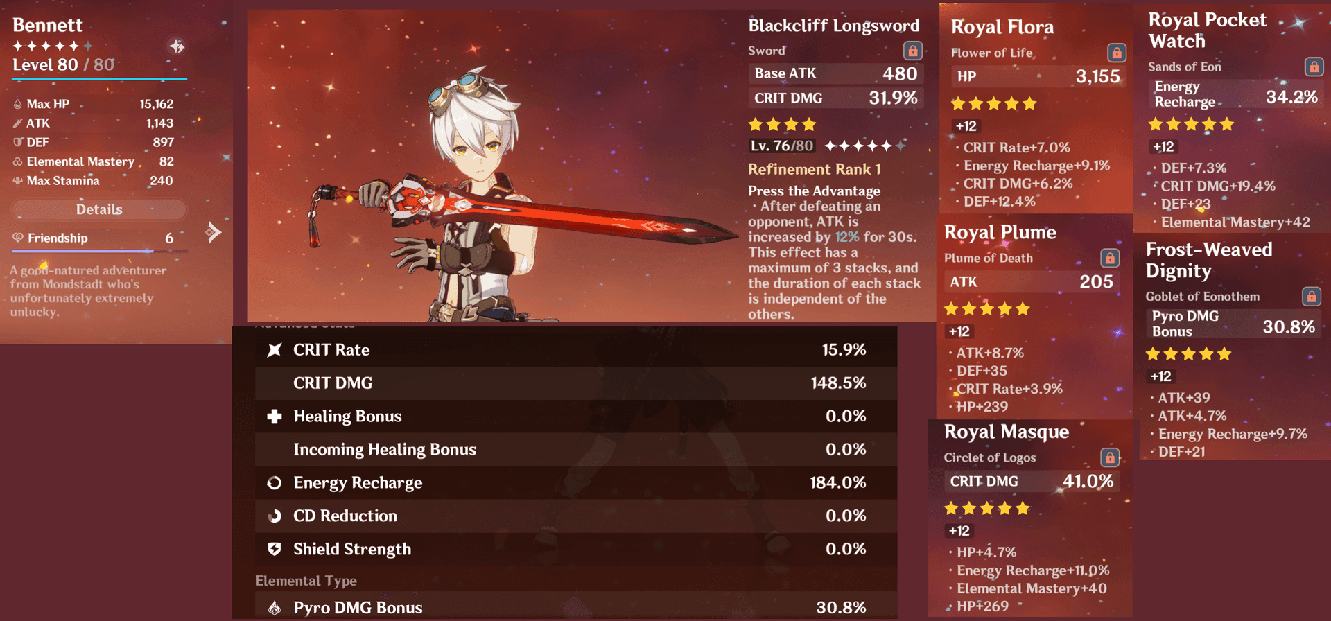 Bennett's character interface in Genshin Impact showing Base ATK calculation