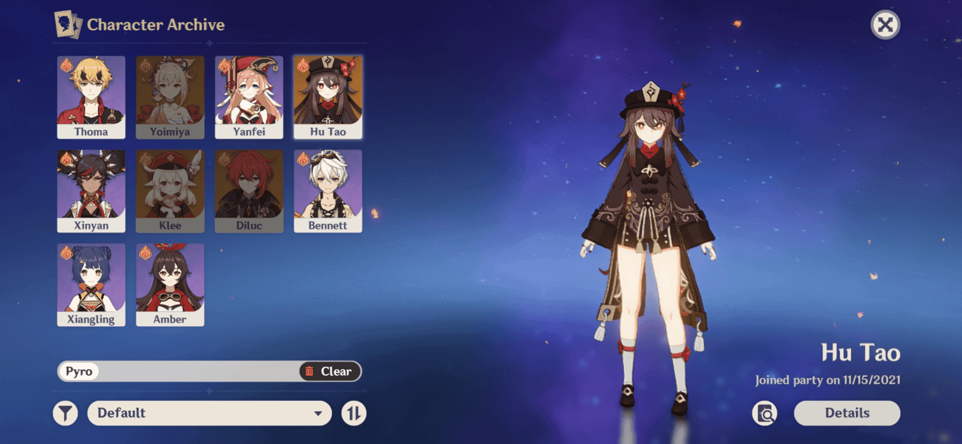 Screenshot of Bennett in a Mono Pyro team setup in Genshin Impact