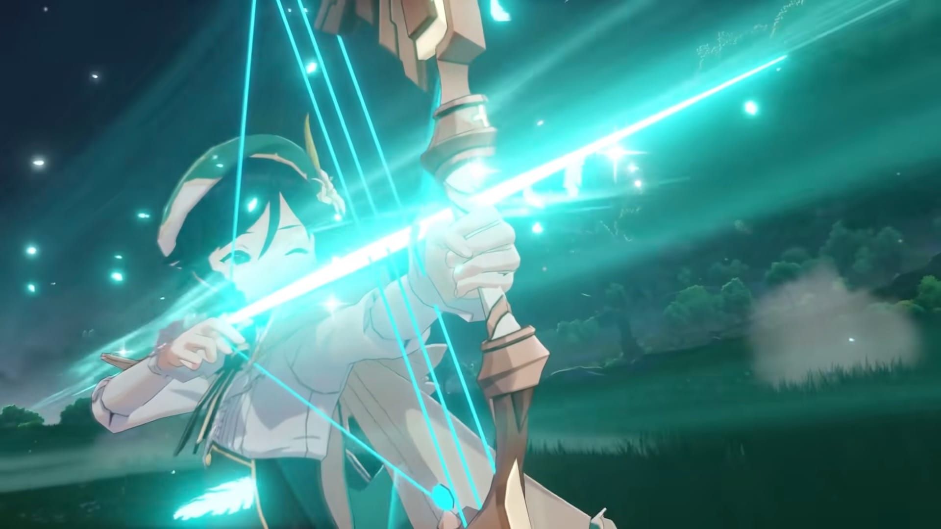 Venti casting Wind's Grand Ode in Genshin Impact, creating a vortex to group enemies